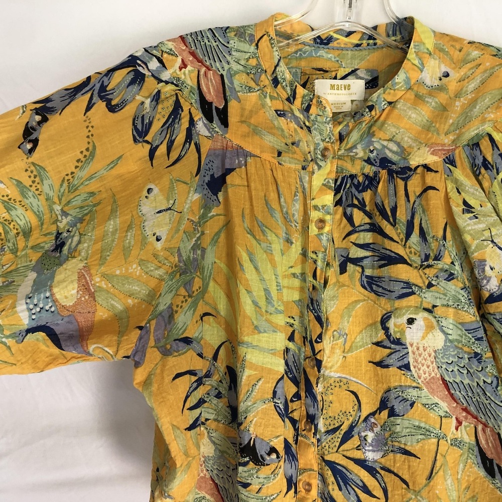 Maeve Anthropologie Blouse Womens Medium Yellow Tropical Parrot Print Boho Top - Picture 3 of 12